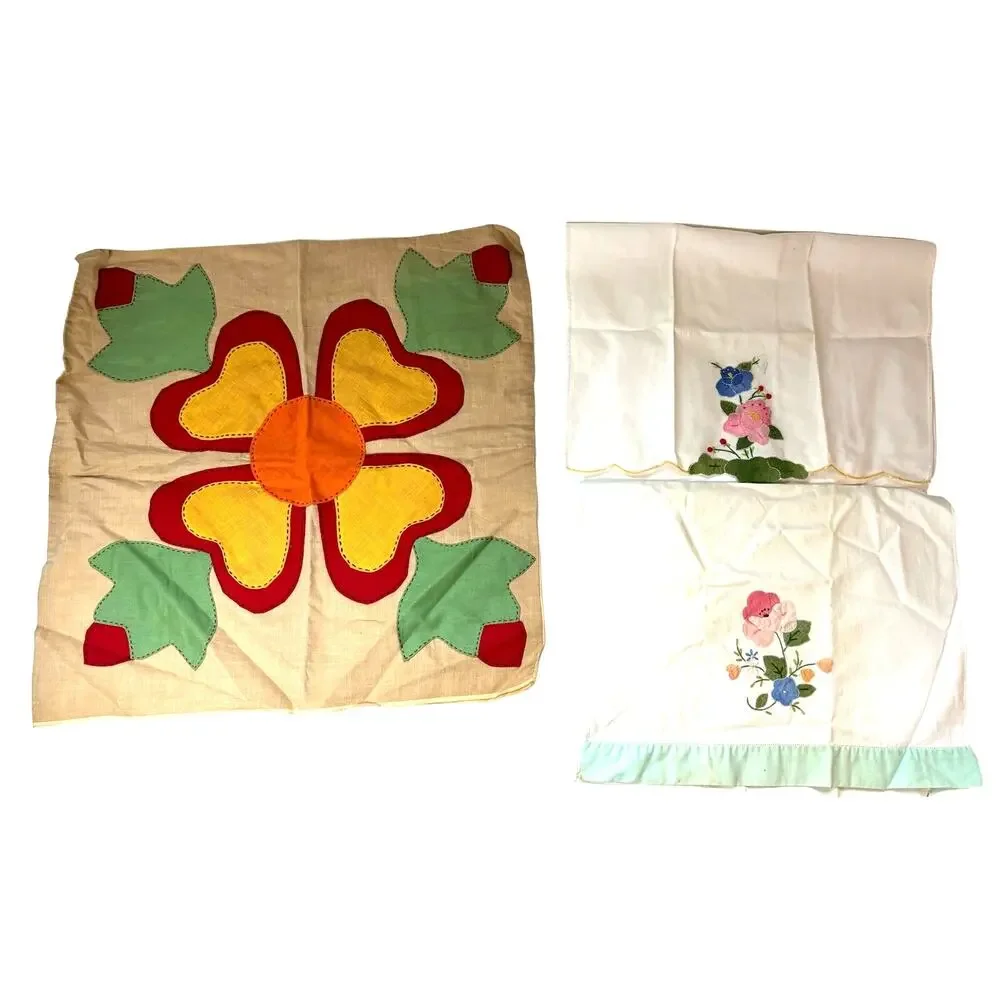 Vintage Linen Floral Applique Pillow Case and Tea Towels Hand Sewn Dogwood